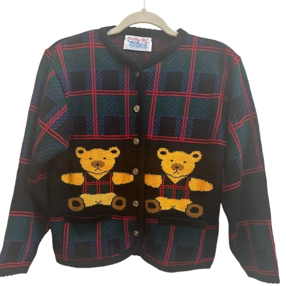 Tally Ho Sweater Cardigan Vtg 90s Plaid Teddy Bear Knit Womens Small
